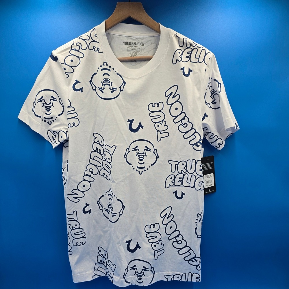 True Religion AOP Bubble Tee Buddha Print White Navy Streetwear Small